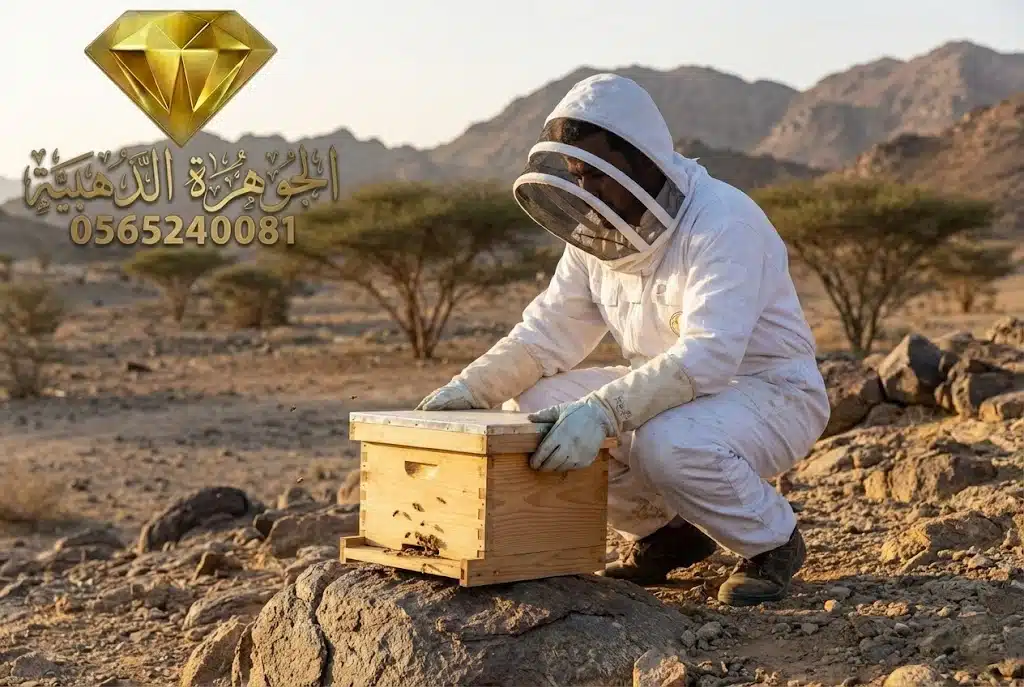 فني متخصص يقوم بنقل مستعمرة نحل عسل بأمان من منطقة سكنية بجدة لإطلاقها في بيئة برية طبيعية للحفاظ على التوازن البيئي.