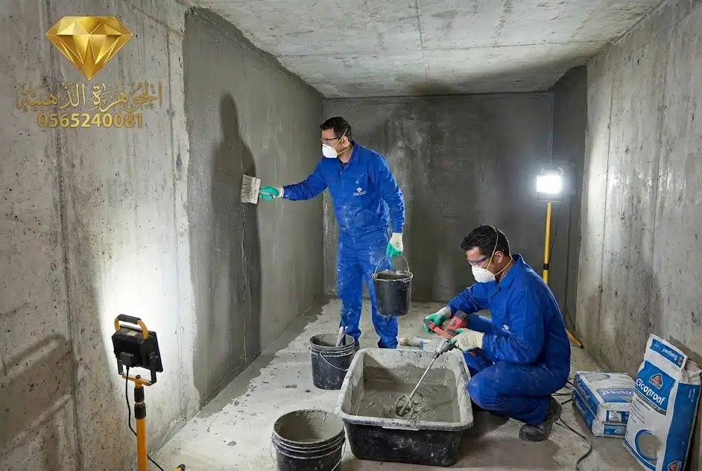 فنيون متخصصون من شركة الجوهرة الذهبية يقومون بتطبيق العزل الأسمنتي (سيكو بروف) داخل خزان بجدة.