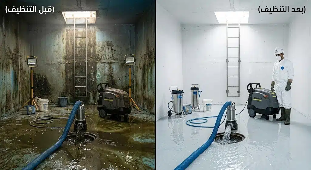 مقارنة مرئية توضح النتيجة المذهلة بعد تدخل شركة نظافة خزانات محترفة