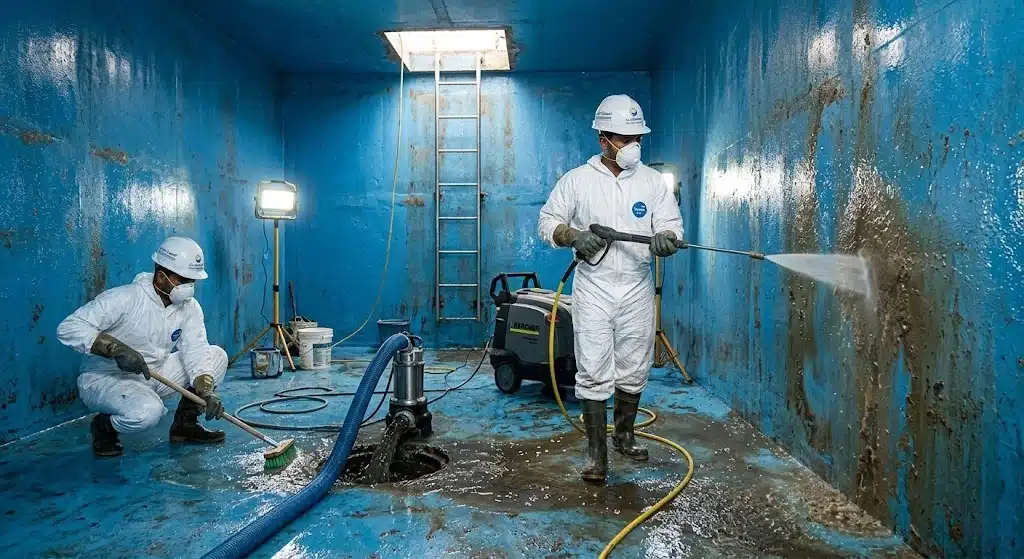 فريق عمال شركة تنظيف خزان ارضي بجدة يقومون بفحص الرواسب والطين قبل بدء العمل